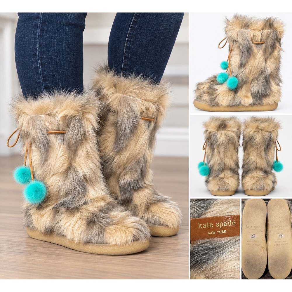 Kate Spade Vintage Yeti Fur Boots Womens 5 EU 35 Made Italy Pom Pom Y2K Rare